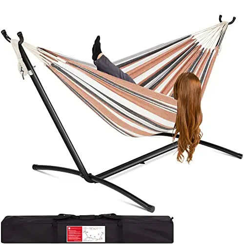 Double Hammock with Steel Stand, Indoor Outdoor Brazilian-Style Cotton Bed w/Carrying Bag, 2-Person Capacity - Desert