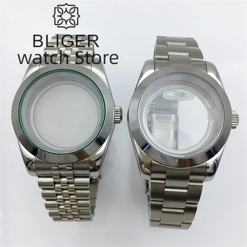 BLIGER 36mm/40mm Silver Watch Case Green Glass Gasket Sapphire Glass For NH35 NH36 MIYOTA8215 DG ETA2836 2824 PT5000 Movement