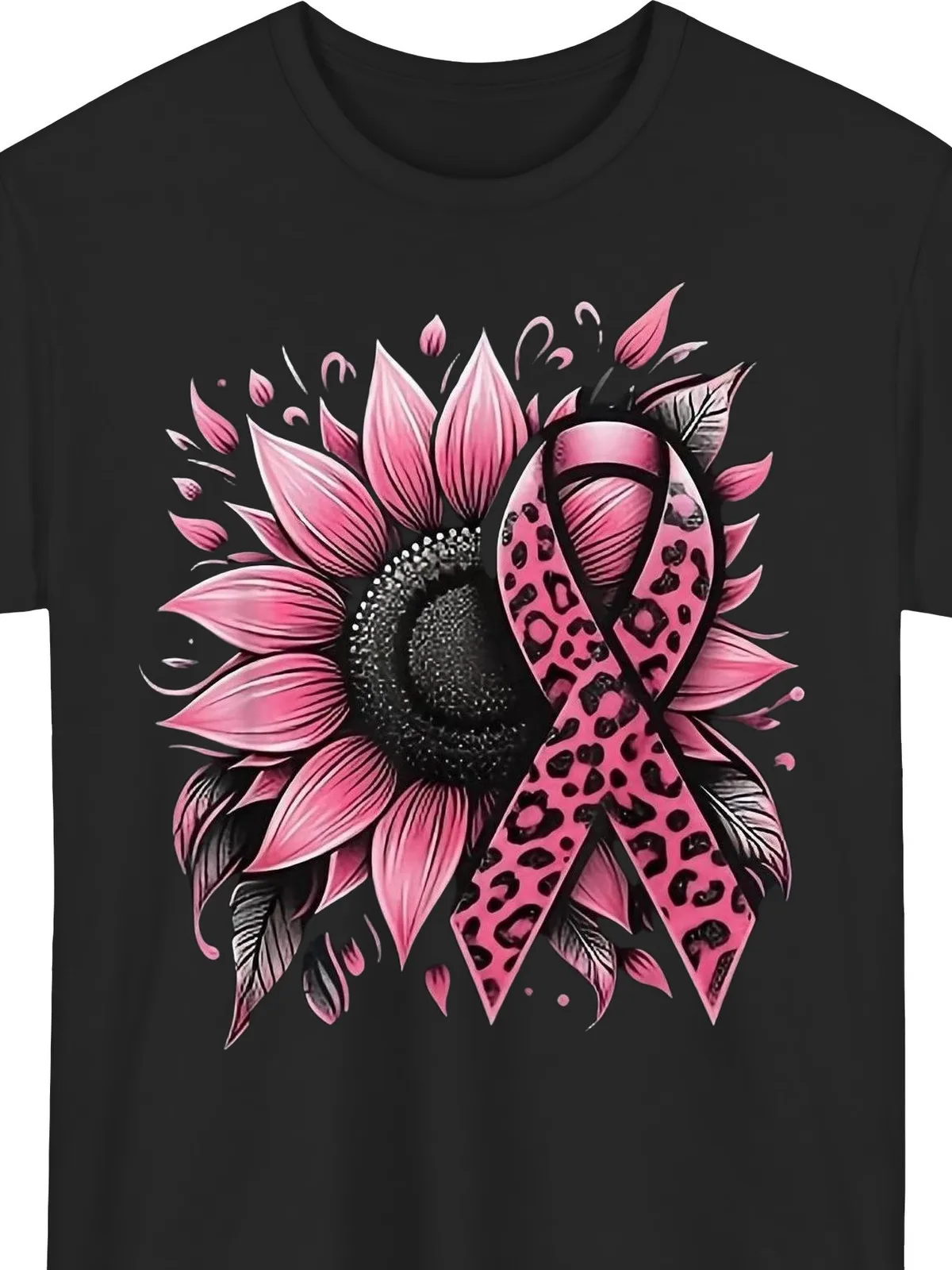 Sunflower Pink Breast Cancer Awareness Black T Shirt S 5XLMen's T Shirts Items Breathable Crew Neck Regular Fit Machine Washable