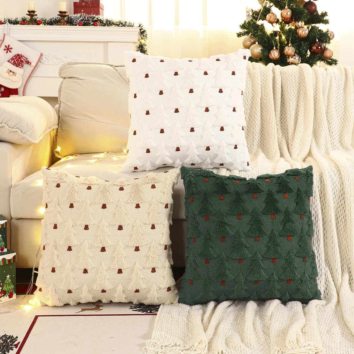 1PC Weihnachtsbaum Dekokissenbezug Winter Plüsch Quilten Weihnachtsdekoration Wohnzimmer