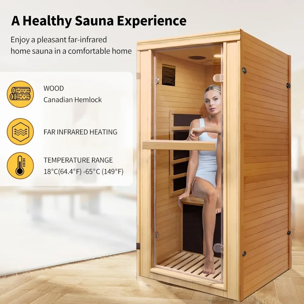 Indoor Sauna Infrared 1 Person Saunas Home Canadian Hemlock 980W Low-EMF Dry Sauna 5 Ultra-Low Energy Saving Heating Panels