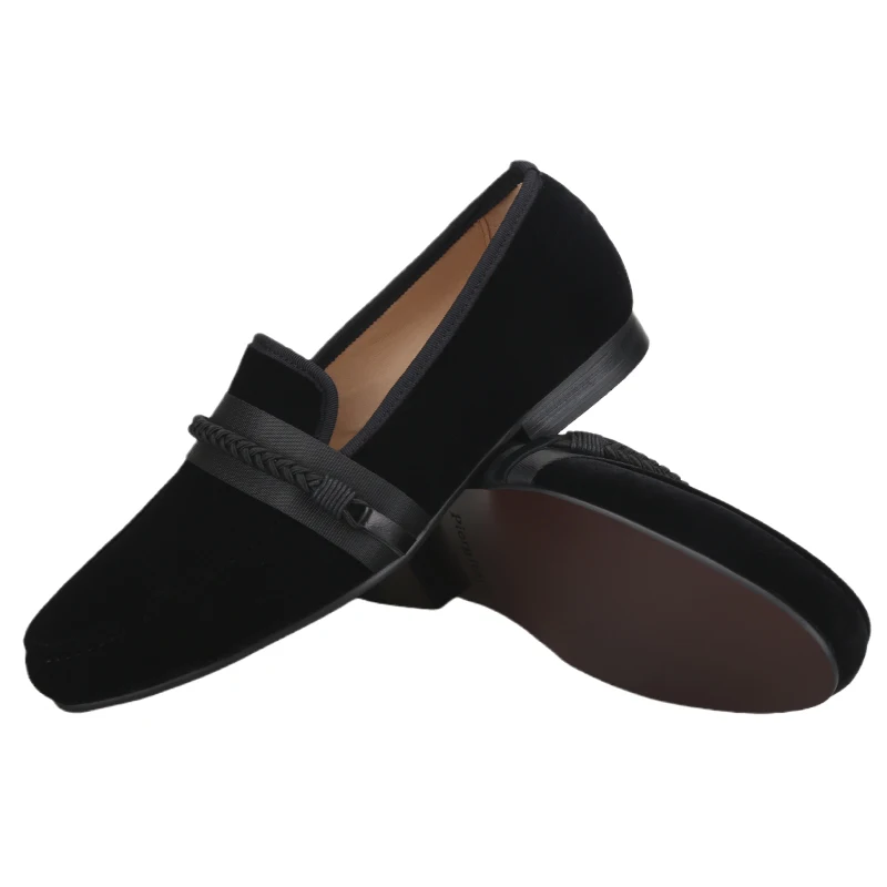 Piergitar Ethnic Style Luxurious Velvet Men's Loafers Handmade Woven Rope Strap Slip-On Smoking Shoes For Party And Banquet Wear