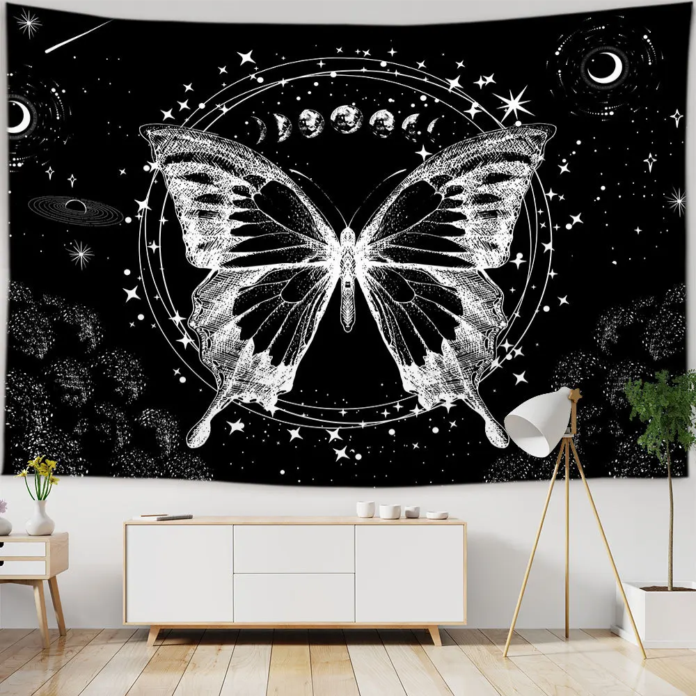 Tapiz de mariposas y polillas, tapiz de flores blanco y negro, manta de playa para colgar en la pared, dormitorio romántico, decoración del hogar
