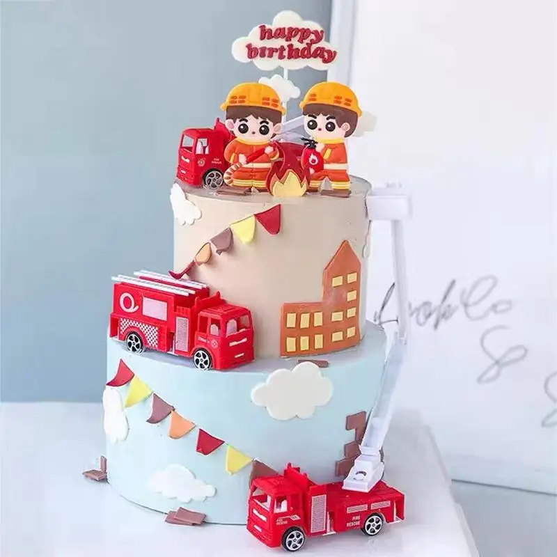 Fire Truck Fireman Cake Topper Birthday Decoration Firefighter Hero Theme Cake Topper Birthday Party Kid Gifts Cake Decoratings