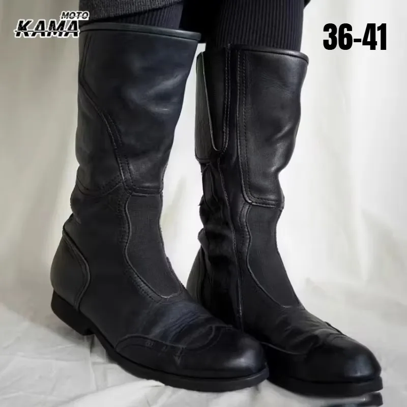 PU Leather Shoes Knee High Motorcycle Riding Boots Genuine Leather Boots Black High Top Shoes Male Knight Boots Botas Para Moto