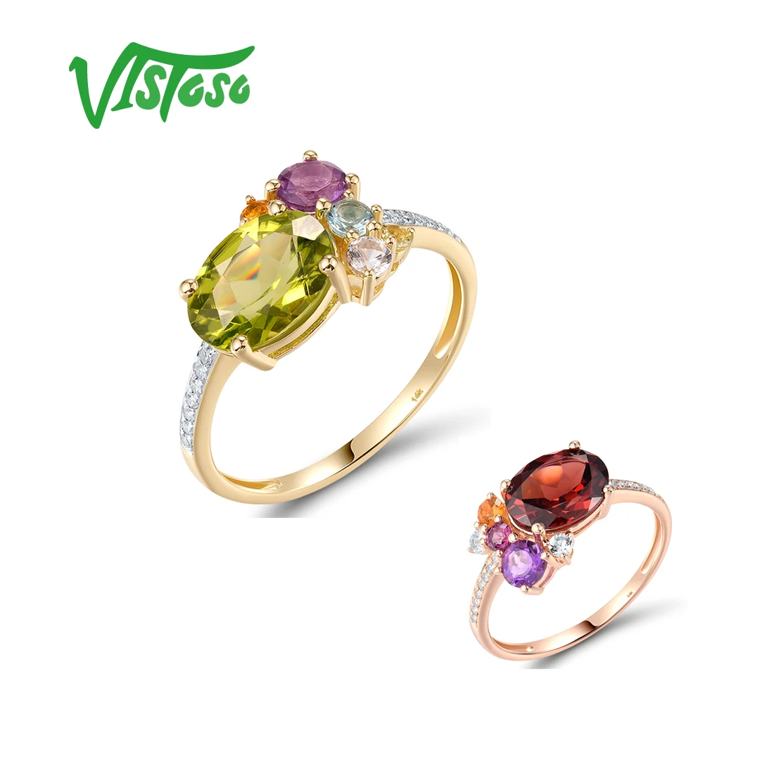 VISTOSO Genuine 14K 585 Yellow Rose Gold Ring For Women Sparkling Period Garnet Colorful Gems Wedding Anniversary Fine Jewelry