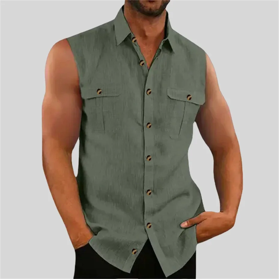 

Sleeveless Cotton Linen Shirts Men Solid Color Casual Shirt Mens Spring Summer Casual Turndown Collar Tops Black Shirt