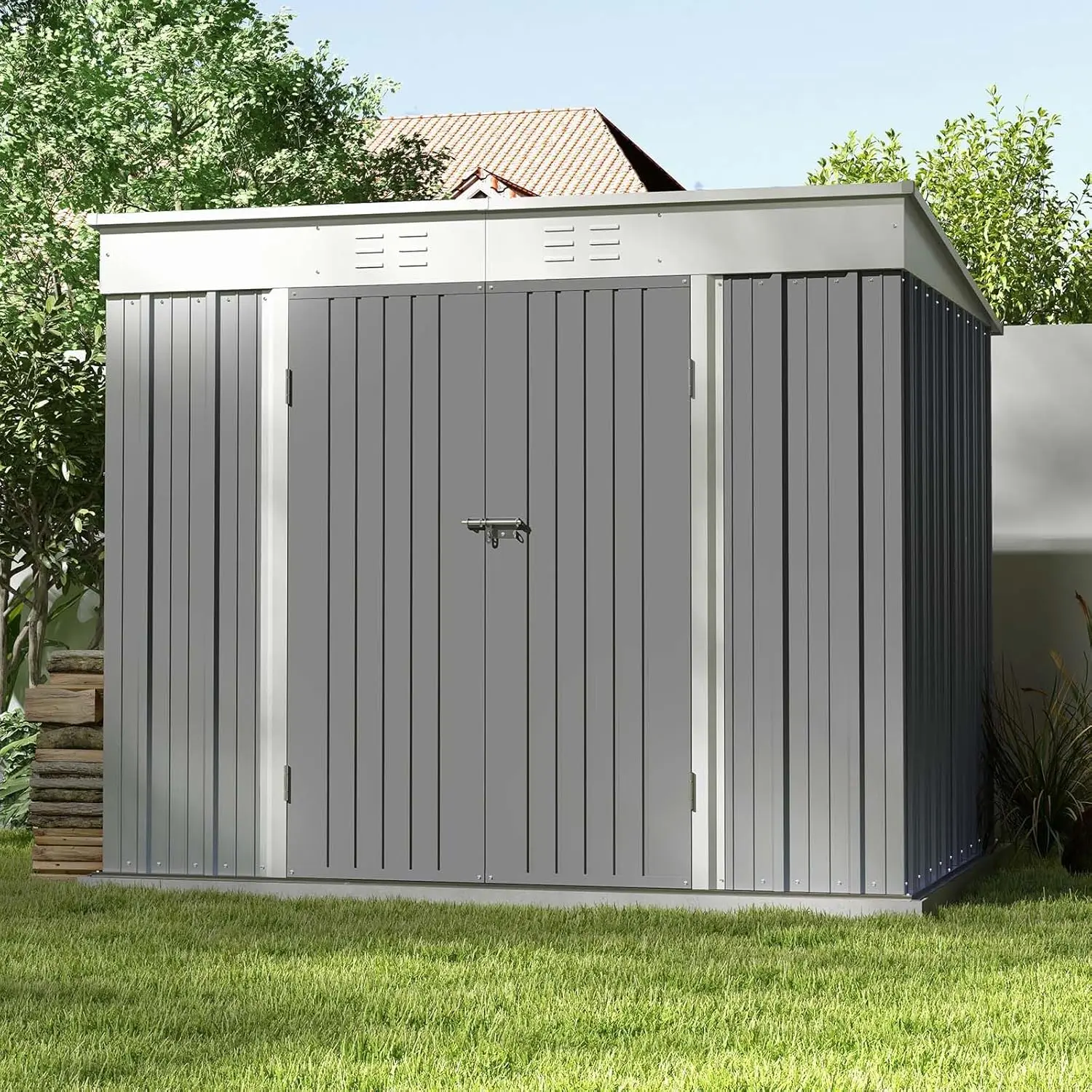 8' x 6' Metal Outdoor Storage Shed – Equipped with Vents and Lock, Galvanized Steel Construction Ensures Water-Resistance ,Gray