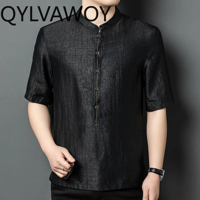 QYLVAWOY High-end 100% Natural Mulberry Silk Shirts for Men Clothing 2026 Summer Short Sleeve Tops Gauze Silk Shirt Reversible