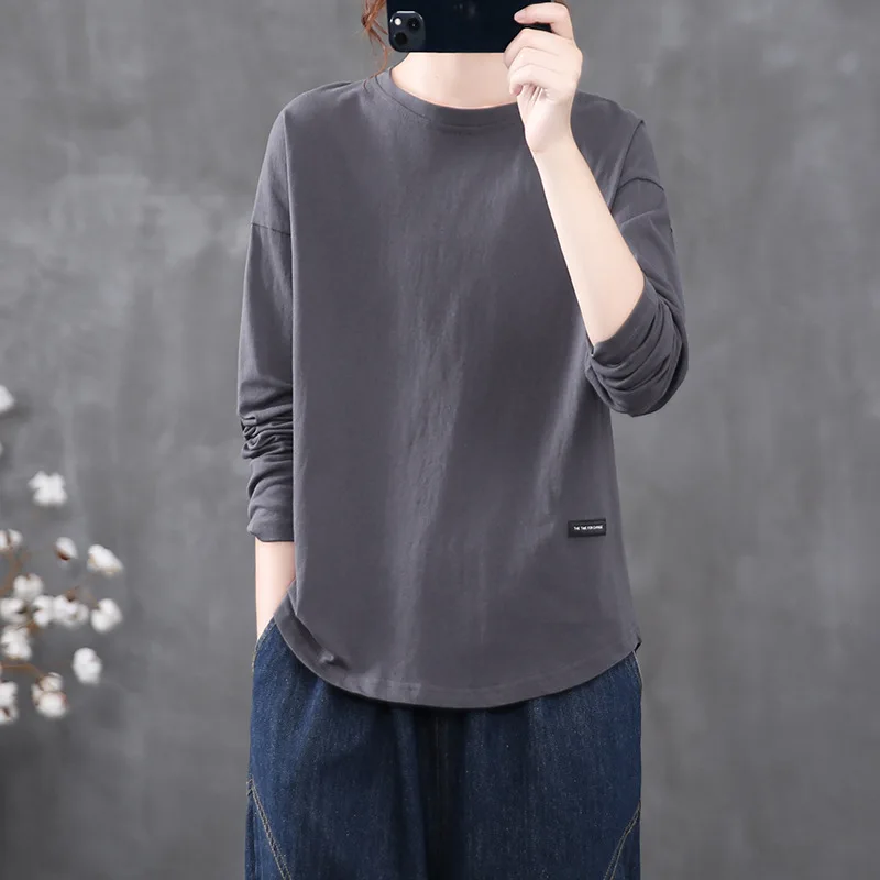 

Spring Autumn New Solid Color Round Neck Long Sleeve Fashion T-Shirts Women High Street Casual Loose All-match Elegant Pullovers
