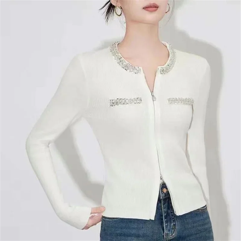 New High End Fashion Zipper Cardigan Coat Women Luxury Beading Diamonds Long Sleeve Slim Knitted Jackets Elegant Tops Knitwear