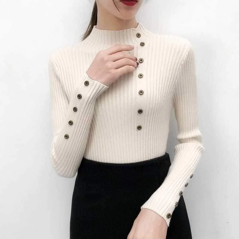 

Autumn Winter New f High Ne Thin Sweater Slim Long Sweet Sle Women's Knitted Long Sve Color Sweater