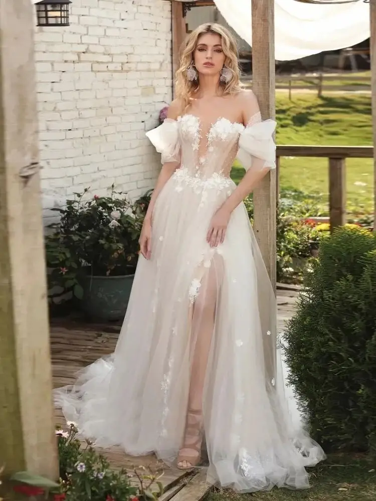 2024 Illusion Appliques abiti da sposa principessa una linea Sexy spacco laterale abiti da ballo profondo scollo A V donna formale sposa abiti da festa