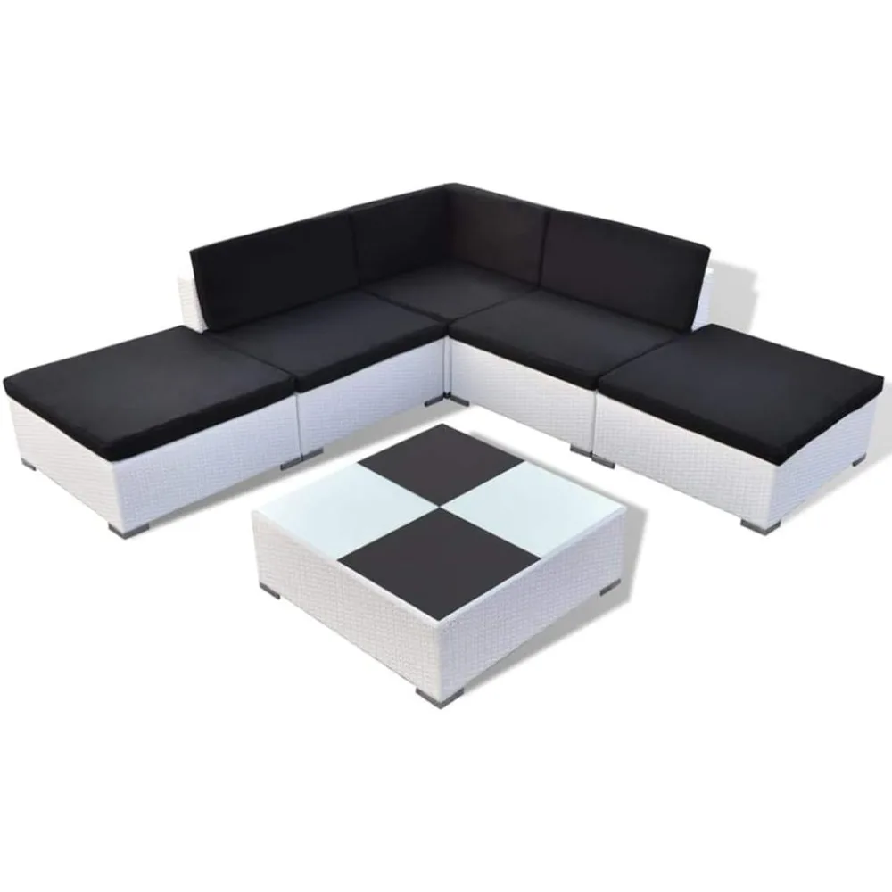 

Patio Lounge Set - PE Rattan Design with Black Cushions - 6 Piece Set with Corner Sofa, Center Sofas, Ottomans, and Tea Table