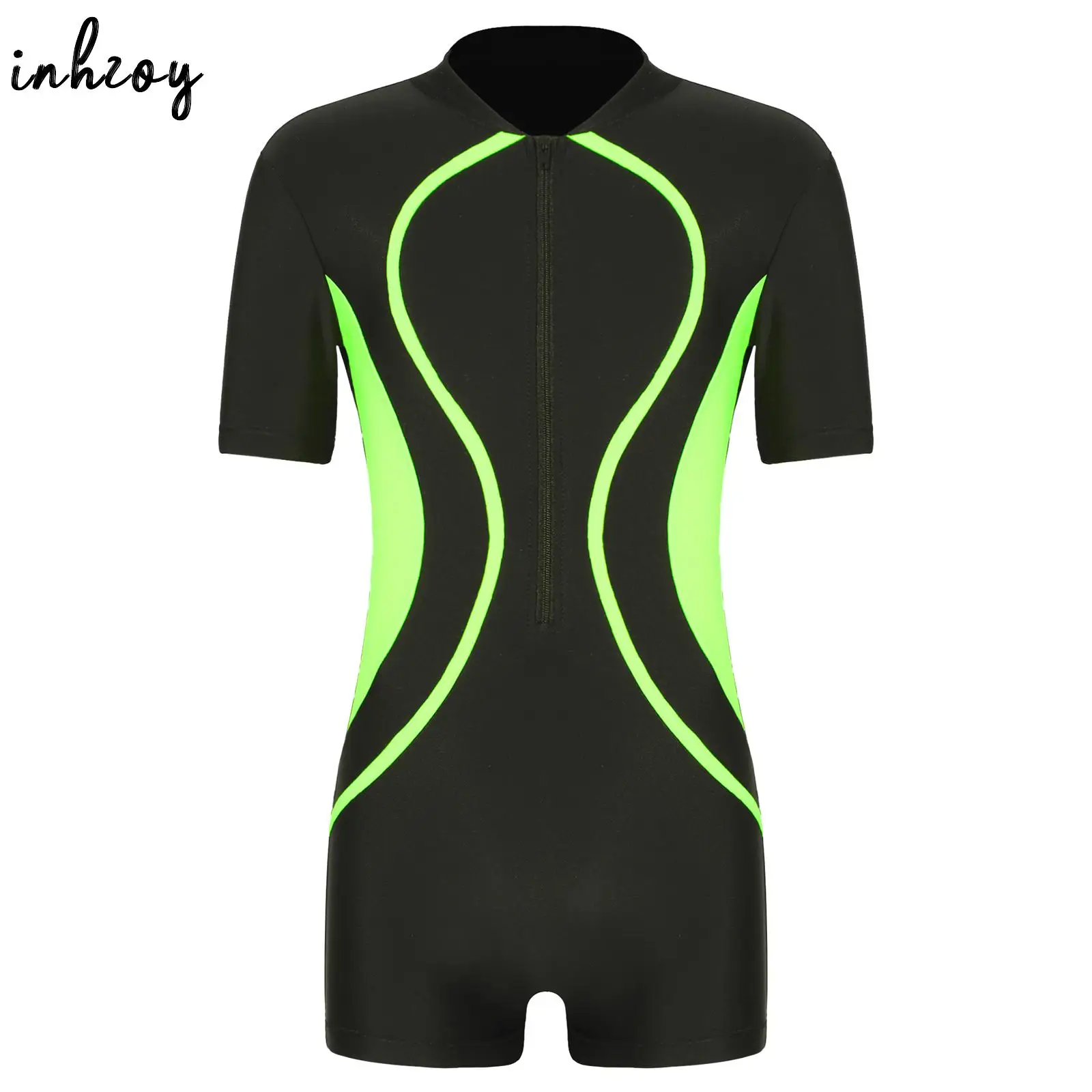 

Kids One Piece Rash Guard Swimsuit Swimming Jumpsuit Short Sleeve Zip Swimwear Girls Boys Beach Water Sport Surf Shorty Wetsuit