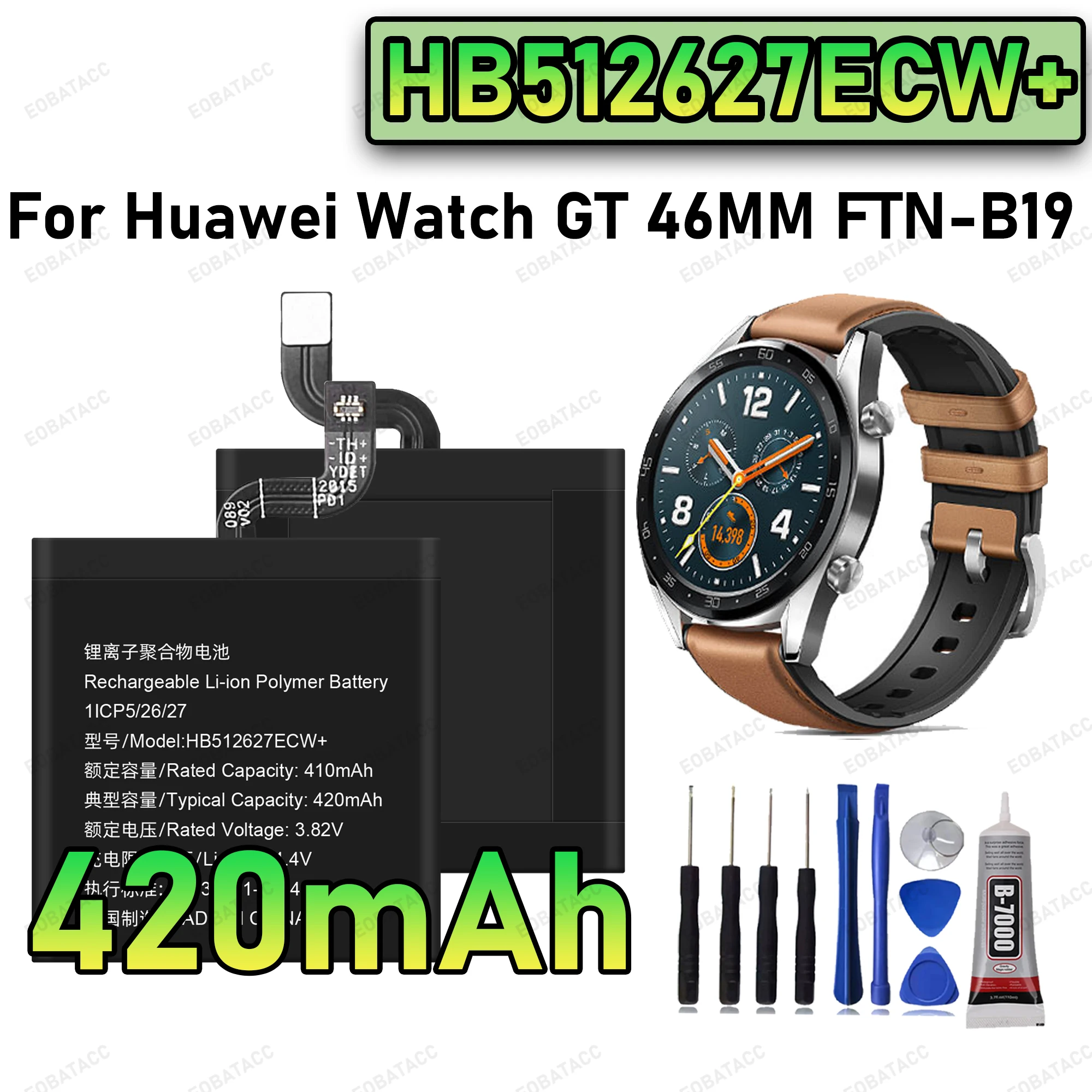 

100% New Zero Cycle HB512627ECW+ Battery For Huawei Watch GT 46MM FTN-B19 Smart Watch Bateria +Free Tools