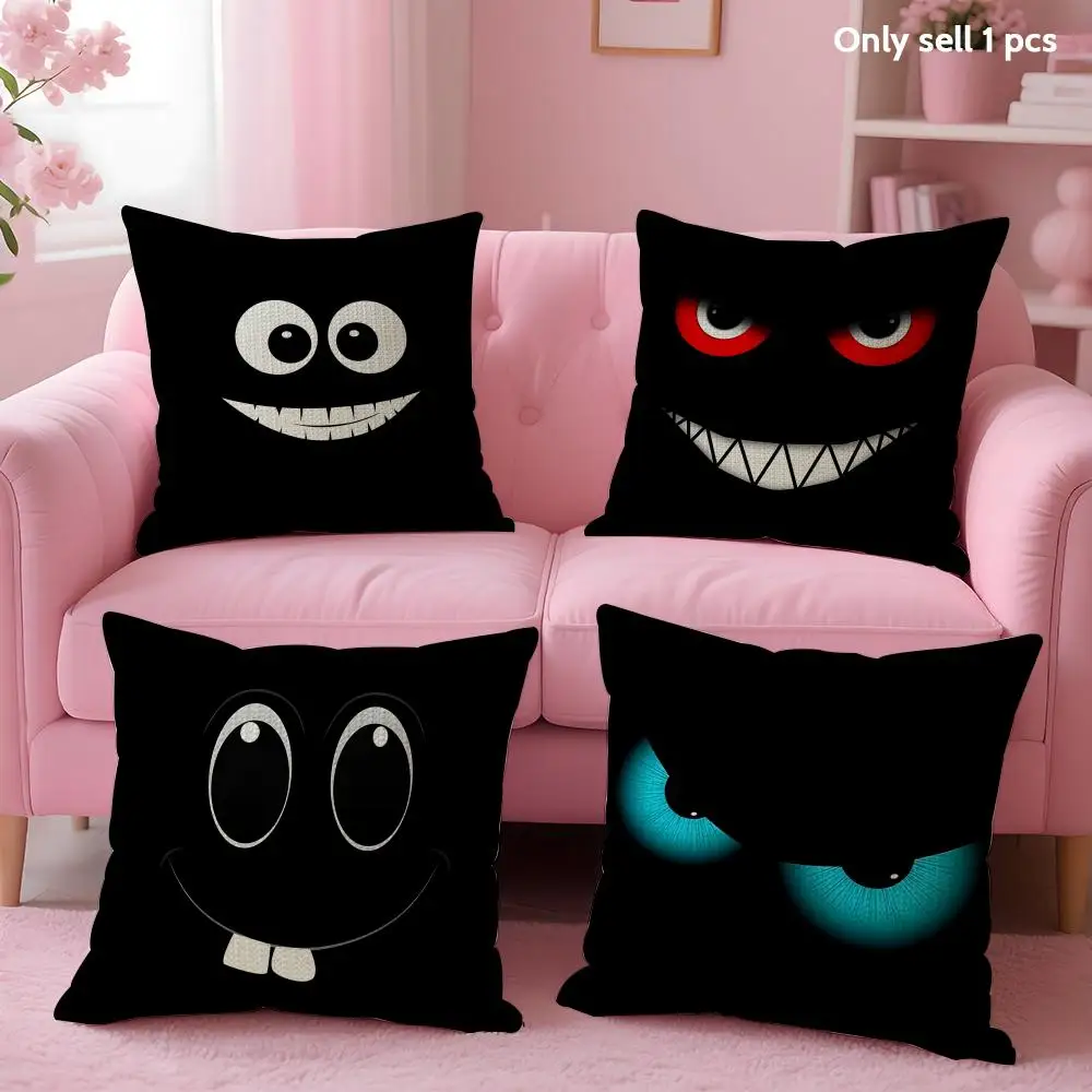 Black Emoticons Cushion Cover Summer Coolness Linen Fabric Double-Sided Printing Pillow Case Sofa Home Decor Gift