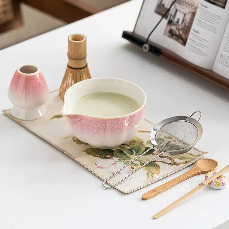

8PCS Cherry Blossom Pink Matcha Bowl Set Tea Whisk Stand 100-Prong Bamboo Whisk Scoop Song Dynasty-Inspired Tea Ceremony Kit