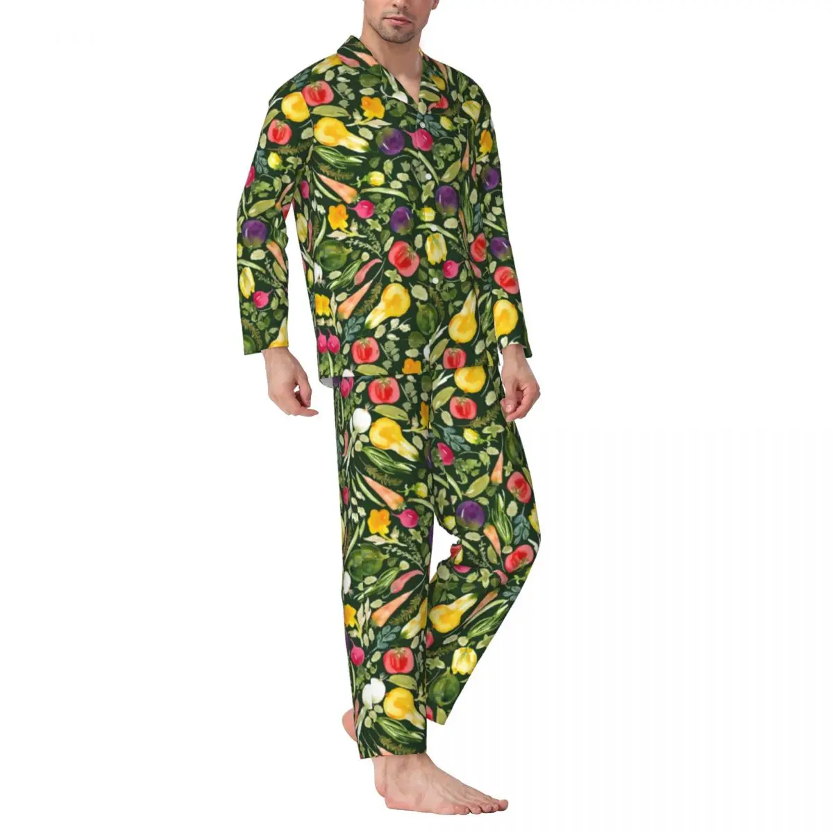 Pajamas Male Watercolor Vegetarian Daily Nightwear Vegetable Lover Two Piece Vintage Pajama Sets Long Sleeve Oversized Home Suit