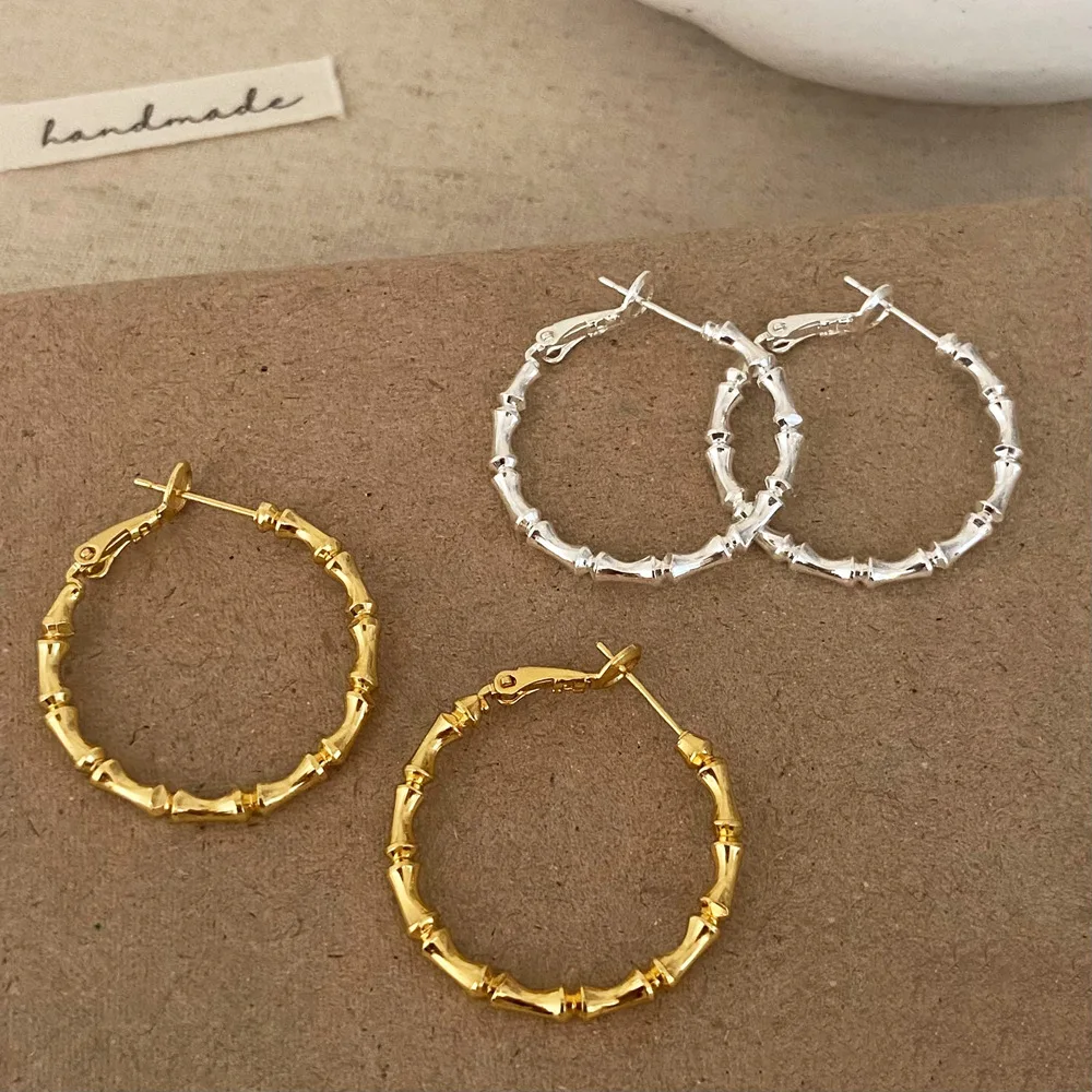 

925 Sterling Silver Bamboo Hoop Earrings for Women Vintage Geometric Round Hoop Earrings Fine Minimalist Jewelry Accessories