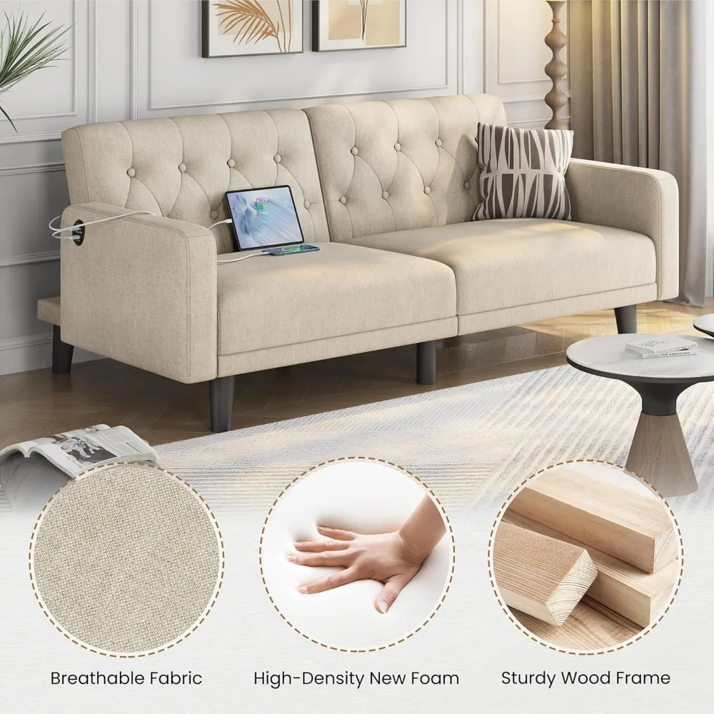63 Convertible Couch Small Futon Sofa Bed with 2 USB Ports, Reclining Backrest & Removable Armrests, Mid Century Moder