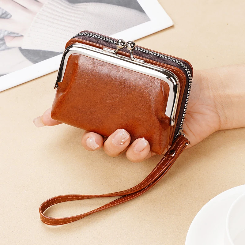 Womens Wallet Small Ladies Compact PU Leather Vintage  Card Holder Coin Purse With Zipper Vintage Clip Organ Wrist Bag
