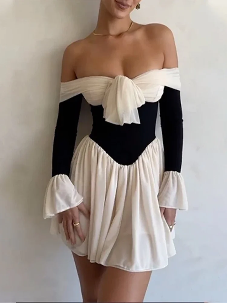 

Autumn Winter Off Shoulder Backless Sexy Party Club Y2K Mini Dress For Women Flare Long Sleeve Short Dresses Vestido Patchwork