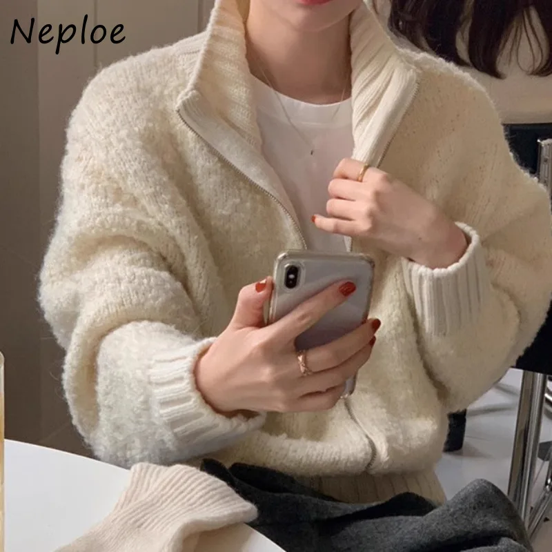 

Neploe Autumn Winter Lazy Sweaters Jackets Y2k Stand Collar Zipper Tops Mujer Thicked Warm Long Sleeve Loose Coat Women