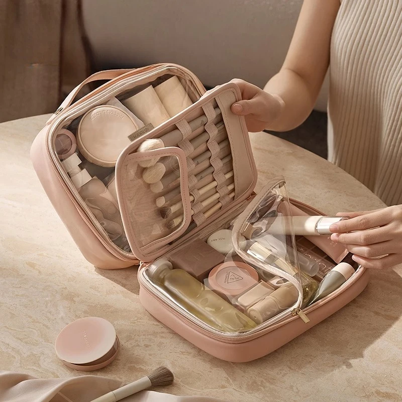 

Portable PU Makeup Bag Large Capacity Waterproof Cosmetic Organizer with Multi-compartment for Women Travel Storage