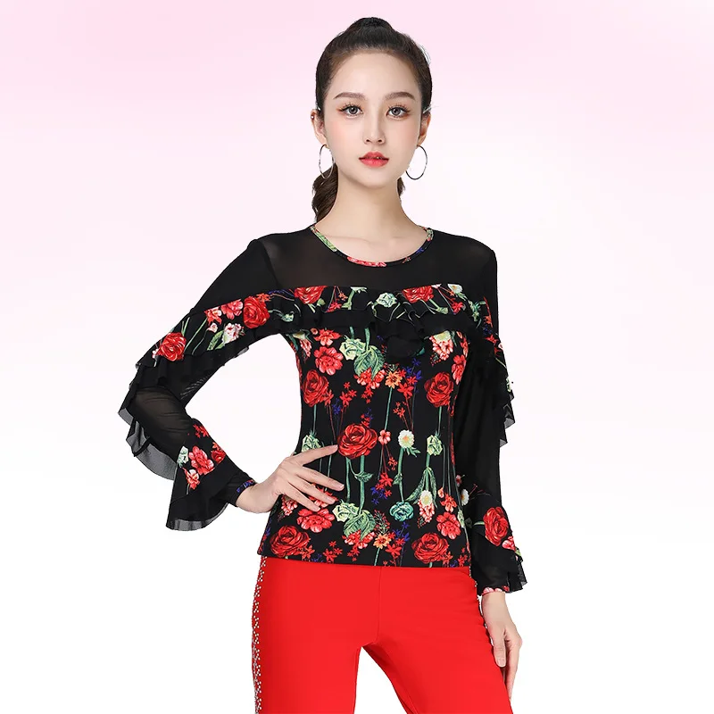 

Женский топ для бальных танцев с длинным рукавом, новый трехступенчатый танцевальный костюм, топ для латинских танцев