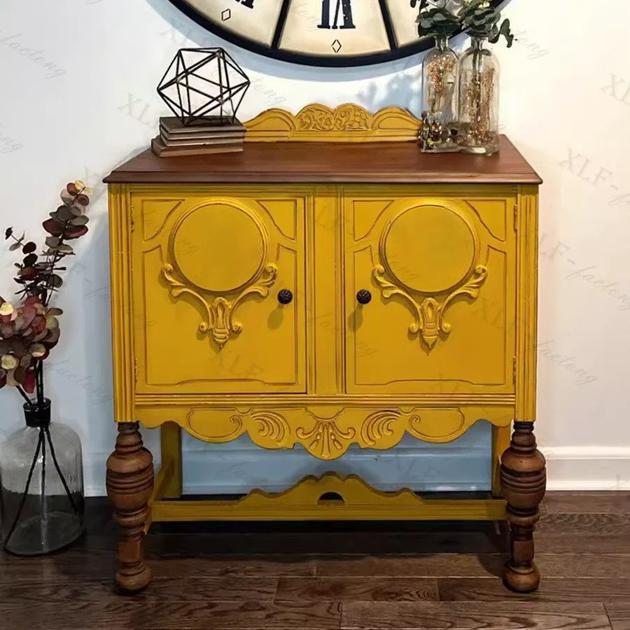 

Wood Carving Flower Old Retro Dining Side Decorative Cabinet Contrasting Color, High-end Customization of The Entrance Cabinet