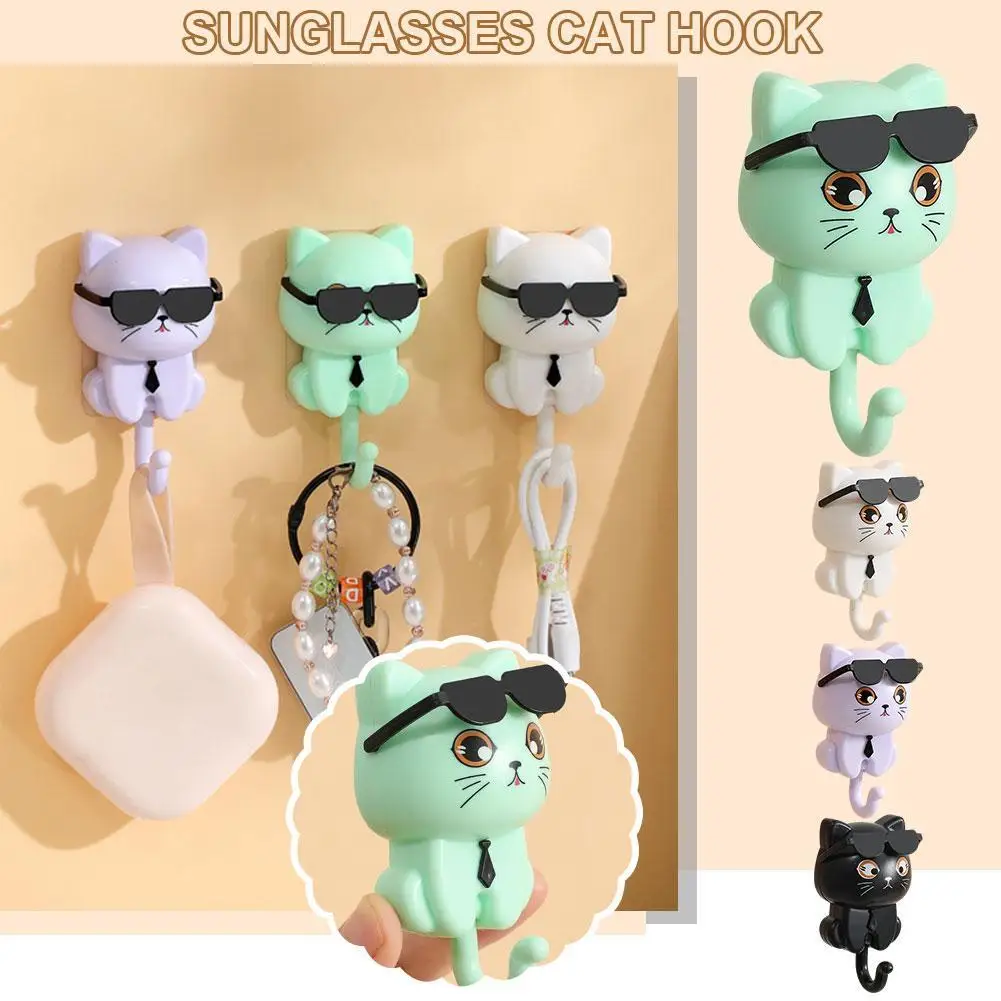 1pcs Cute Cat Key Hook Gravities Induction Decorative Hooks Fun Kitten Wearing Sunglasses Coat Hook Adhesive Hooks