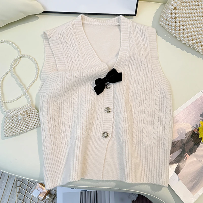 HELIAR Women Ribbed V-neck Buttons Up Cardigan Casual Knitted Vest Bowknot Sweet Sleeveless Sweater Vest Office Top Fall Winter