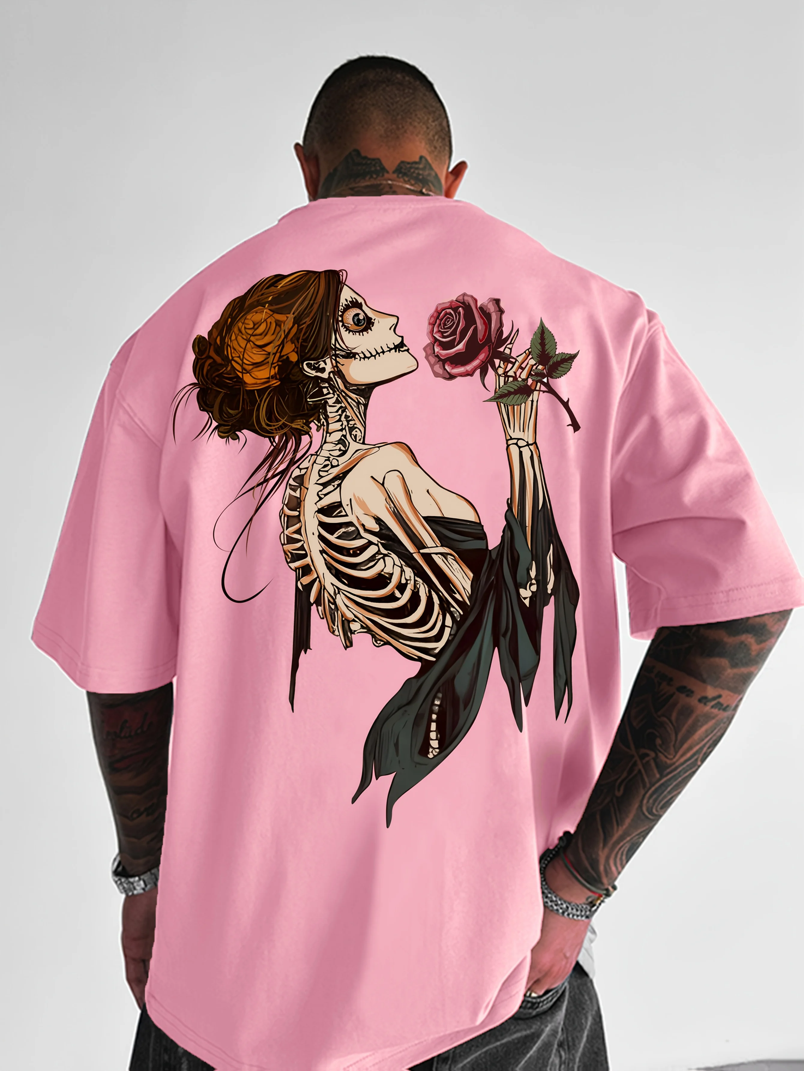 Men's 100% pure cotton fashionable casual loose sports skeleton women and red rose print round neck short sleeved T-shirt top
