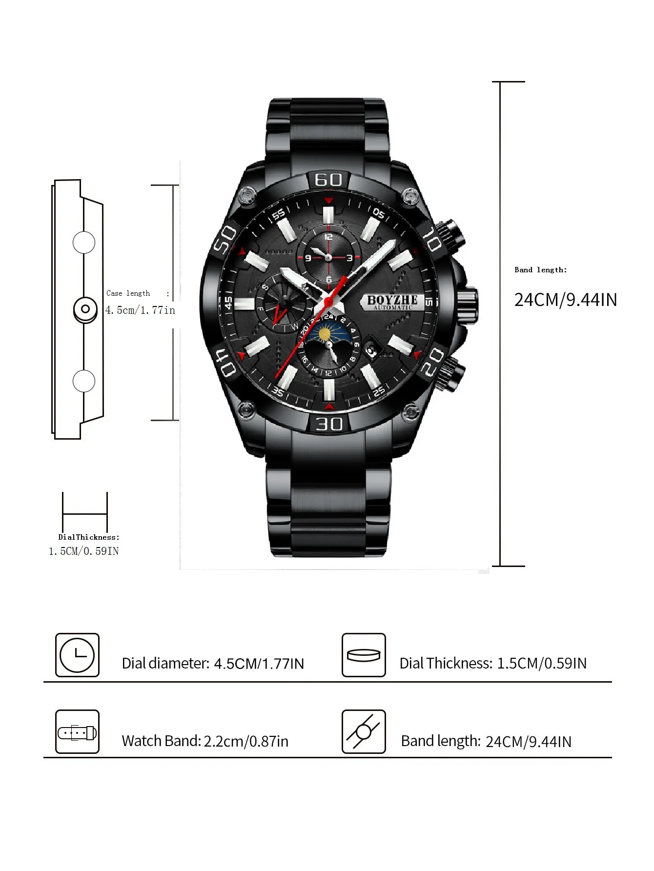 ساعة ميكانيكية للرجال من BOYZHE مقاس كبير للرجال، ساعة رياضية مضيئة دقيقة للرجال