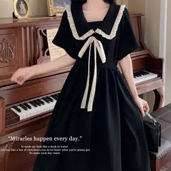 Preppy Style Doll Collar Ruffles Dresses Women's Clothing Stylish Spliced Summer Sweet Bow Drawstring A-Line Elegant Midi Dress