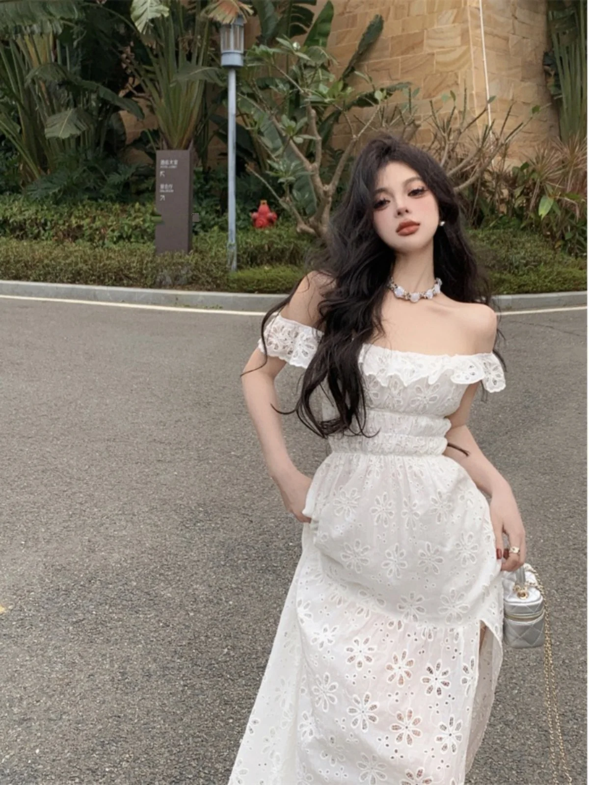 

Summer White Lace Embroidery One oulder Dr Bal Beach Skirt for Women High Waist Long Skirt Sweet And Spicy Sle