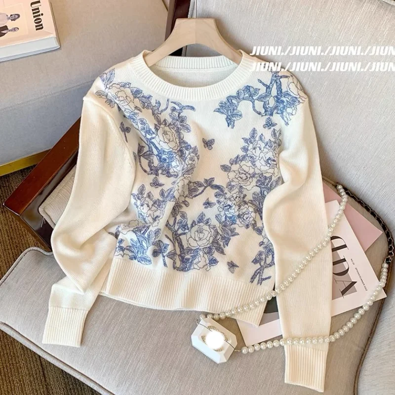 

Women Blue Clothing Vintage Knitting Sweater Printing Long Sleeve Casual Round Neck Korean Fashion Baggy 2024 Female Winter Tops