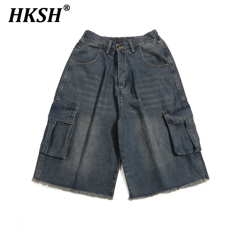

HKSH Men's Streetwear 2025 Summer New American Retro Washed Edge Safari Style Denim Shorts Straight Shorts Pockets Capris HK4918
