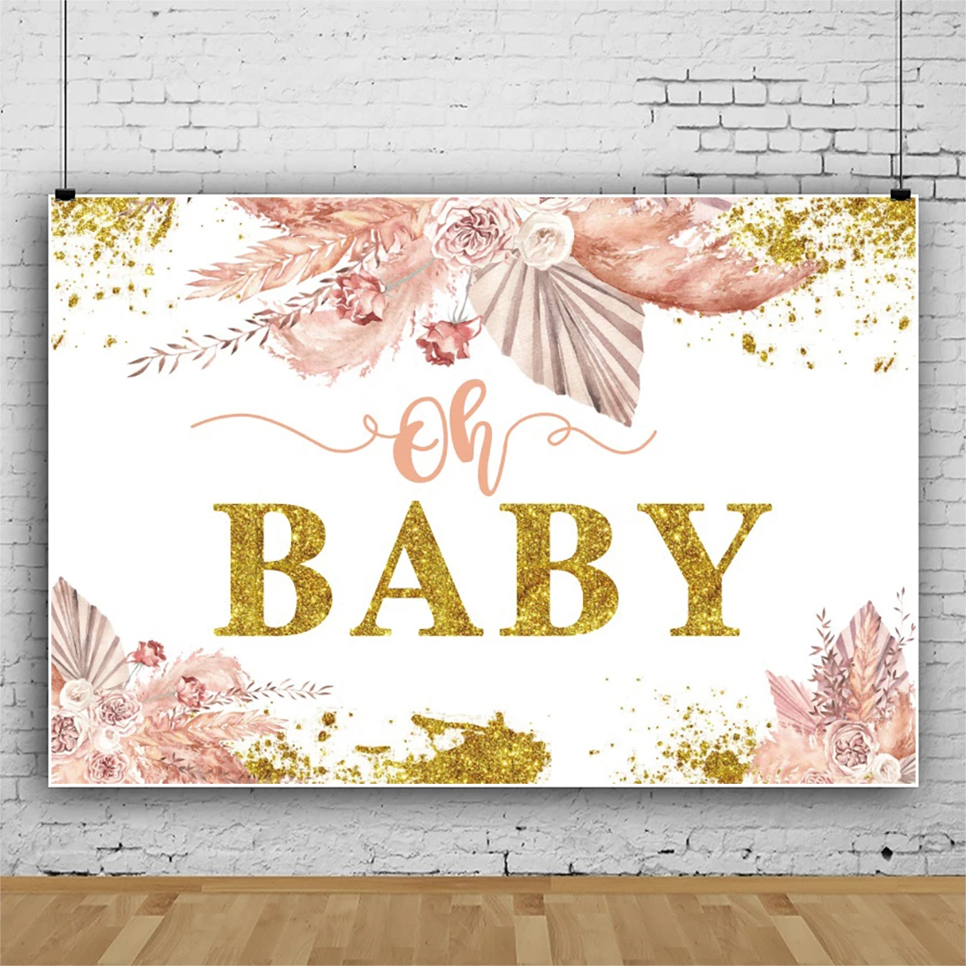 Laeacco Oh Baby Backdrop Pink Floral Gold Glitter Baby Show Newborn Birthday Announce Pregnancy Portrait Photography Background