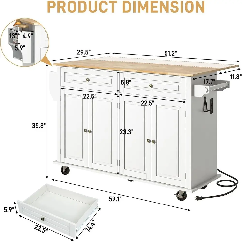 جزيرة مطبخ متنقلة مقاس 59.1 بوصة مع أوراق شجر متدلية ومخرج طاقة وخزانة تخزين وأدراج ورف توابل وبار المناشف وخطاف جراج i #2