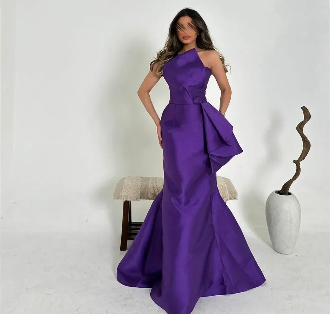 Customized Elegant Long Purple Strapless Evening Dresses with Ruffles Mermaid Floor-Length Sweep Train Prom Dresses for Women