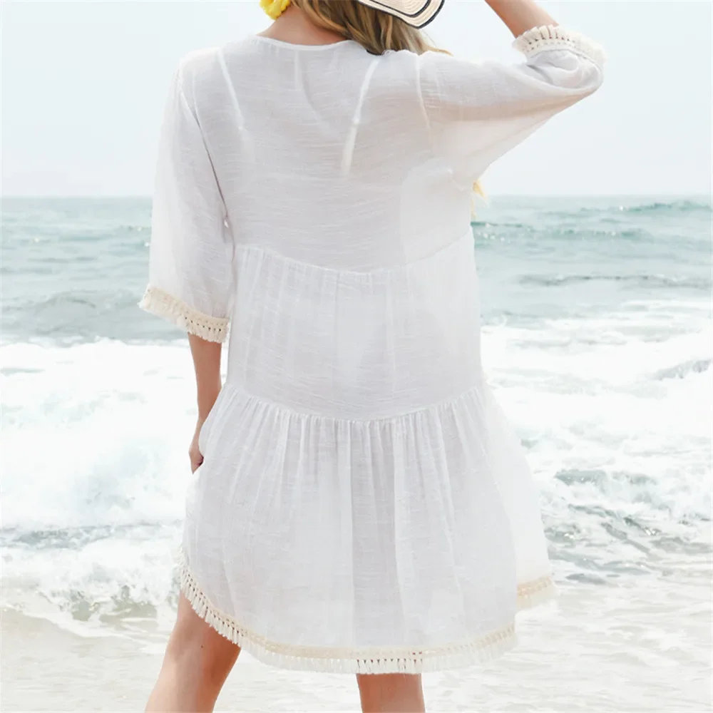 Robe de plage blanche en coton avec franges et franges, cover-up pour bikini, manches mi-longues, broderie bohème, col en V, vêtements de plage