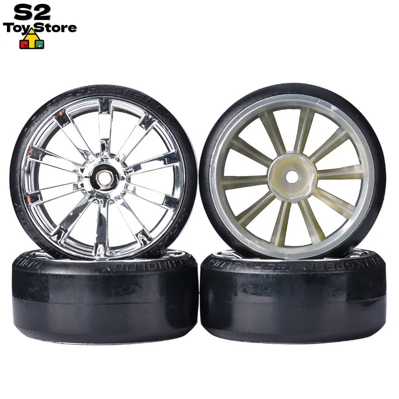 1/10 Scale RC Drift Tire & Wheel Set Silver Rims Slick Tires for Yokomo D5 MST 94123 & Similar On-Road Chassis