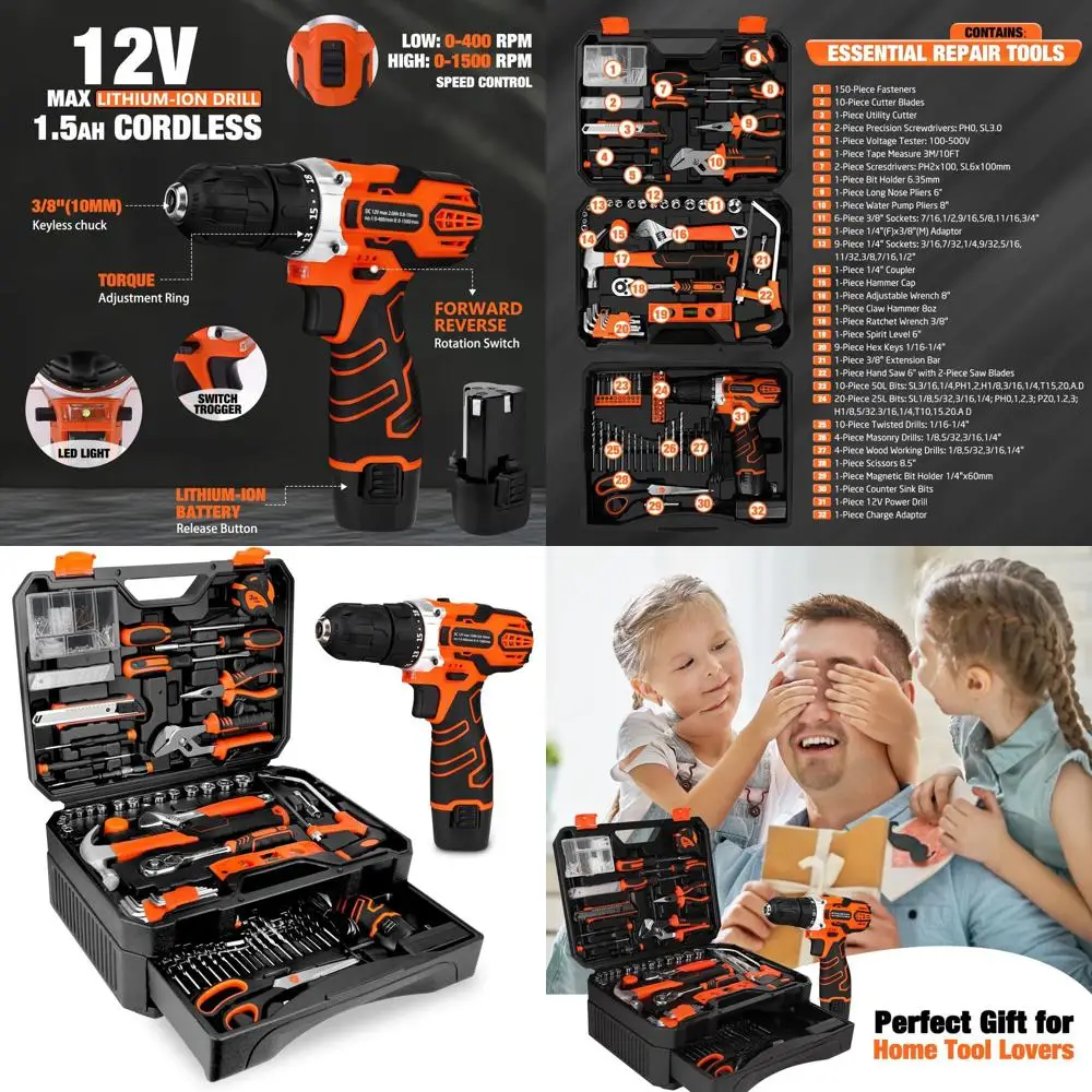 

Аккумуляторная дрель 12В с набором инструментов из 255 предметов и кейсом для хранения для дома и DIY