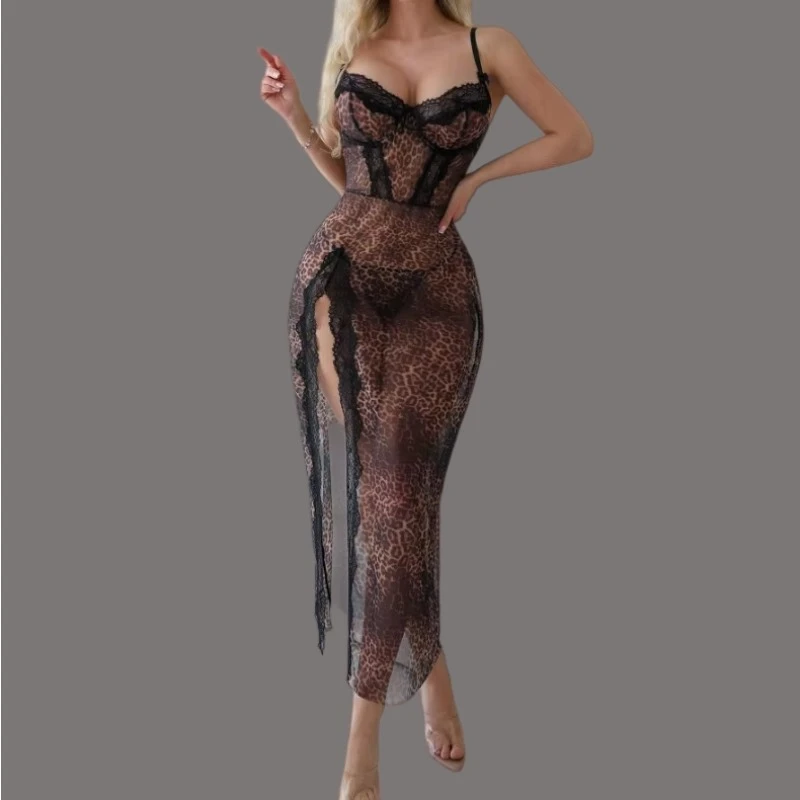

Sexy Leopard Exotic Dress Lace Babydolls for Women High Slit Spaghetti Straps Transparent Long Nightdress with Thongs Chemises