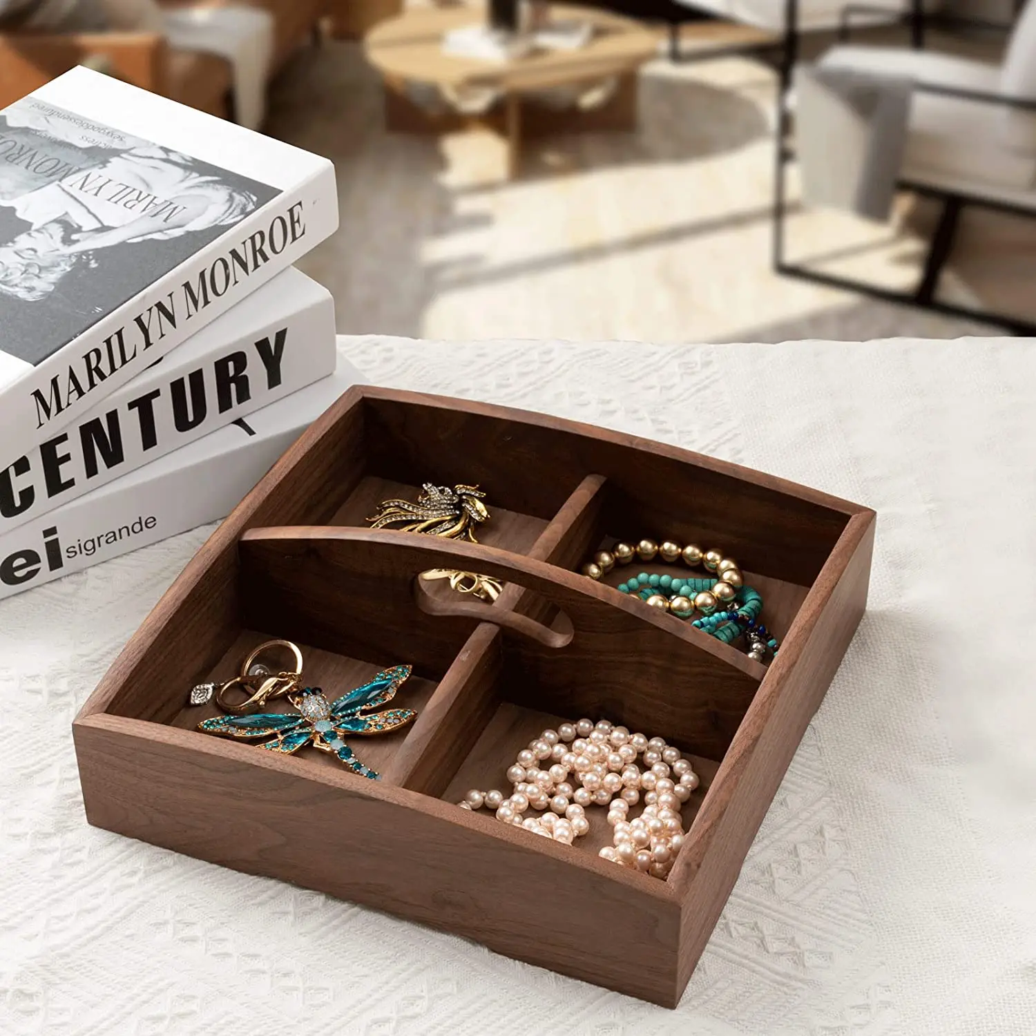 Walnut Wood Tray with Handle,Square Wooden Divided Serving Trays 4 Compartments,Nut Candy Snack Storage Organizer Tray,27x27x8cm