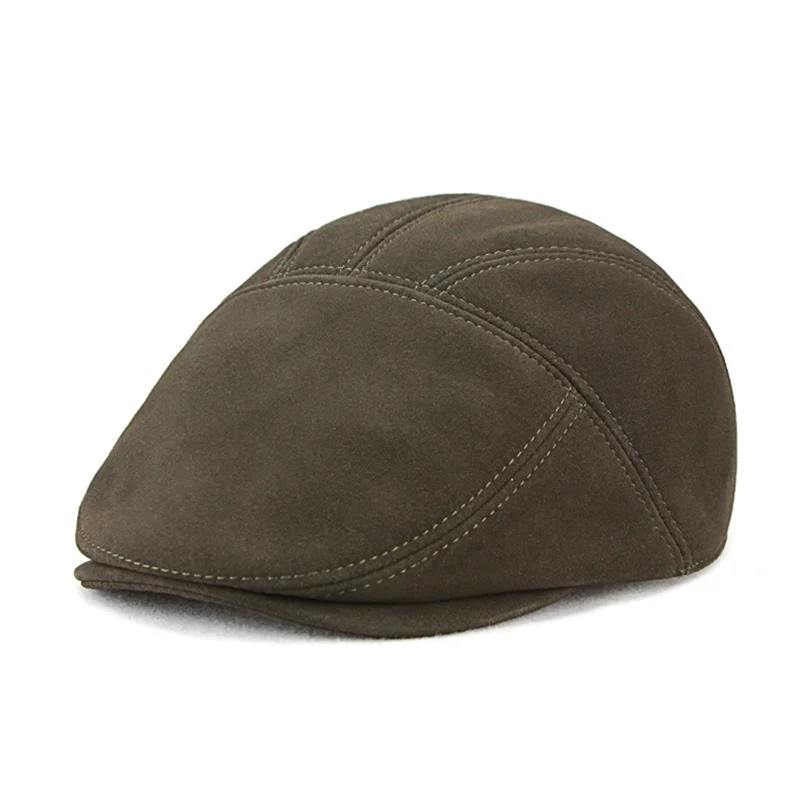 Sheepskin Beret Thin Suede Leather Men Duckbill Casquette Real Leather Women Fall Winter Vintage Painter Cap Forward Cap