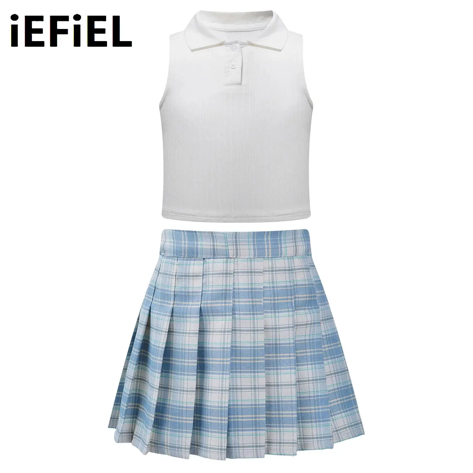 Kids Golf Tennis Skirt Set Girls Turn-Down Collar Sleeveless Ribbed T-shirt Vest with Plaid Pleated Skirt for Sports