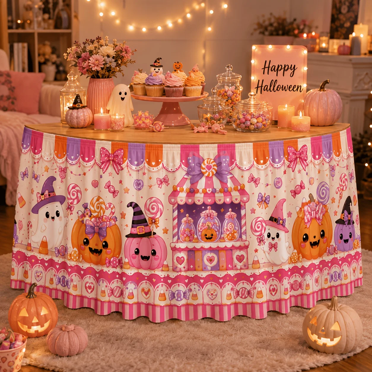 Halloween party table skirt with cute pumpkin, witch, candy store and bowknot patternsxzj